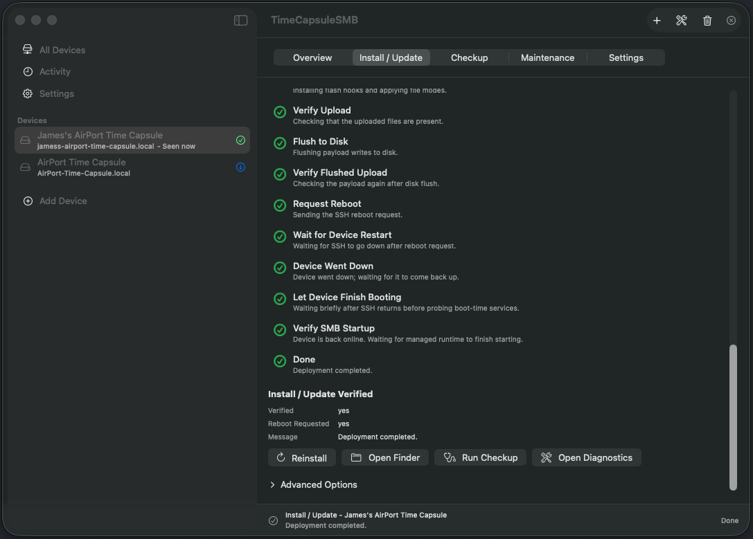 The Install / Update tab with every step checked off and Install / Update Verified