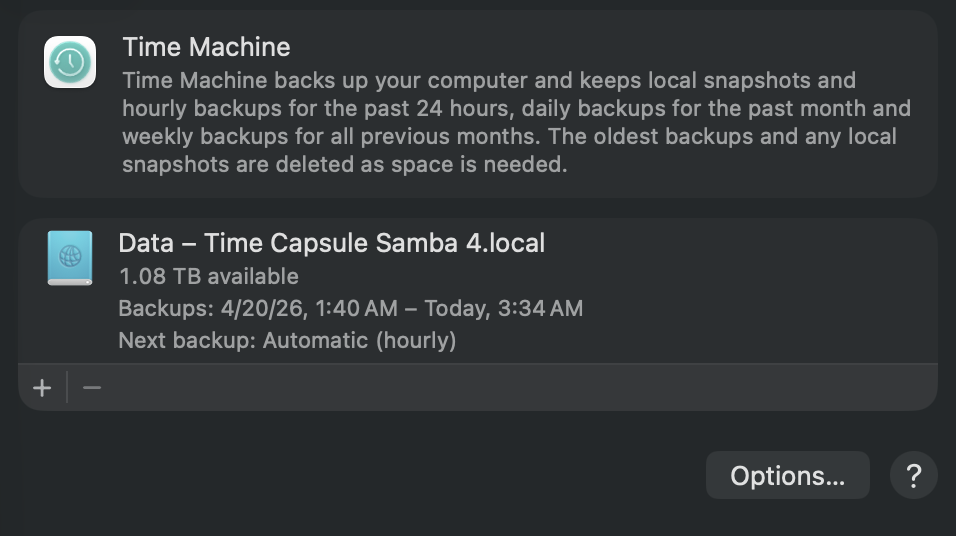 Time Machine settings listing the Time Capsule's Data share as the backup disk, with hourly backups